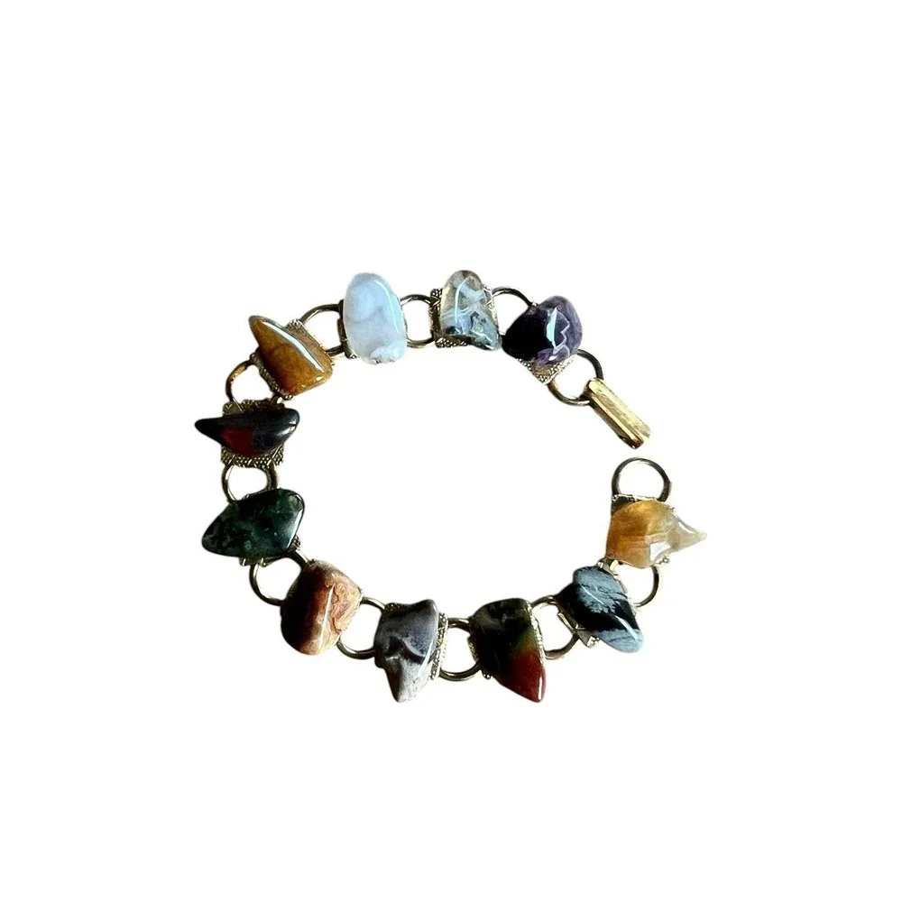 Vintage Semi Precious Natural Polished Tumbled Stones Link Bracelet